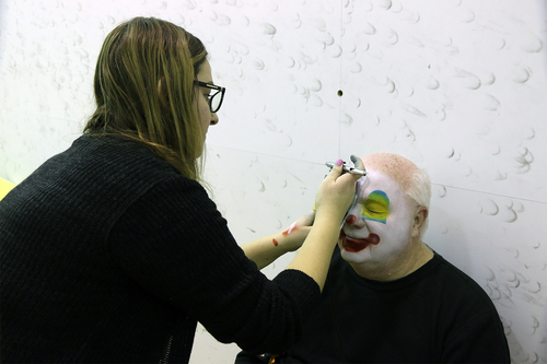 Dean Mezwa getting makeup done for 2019 Thanksgiving parade in Detroit.