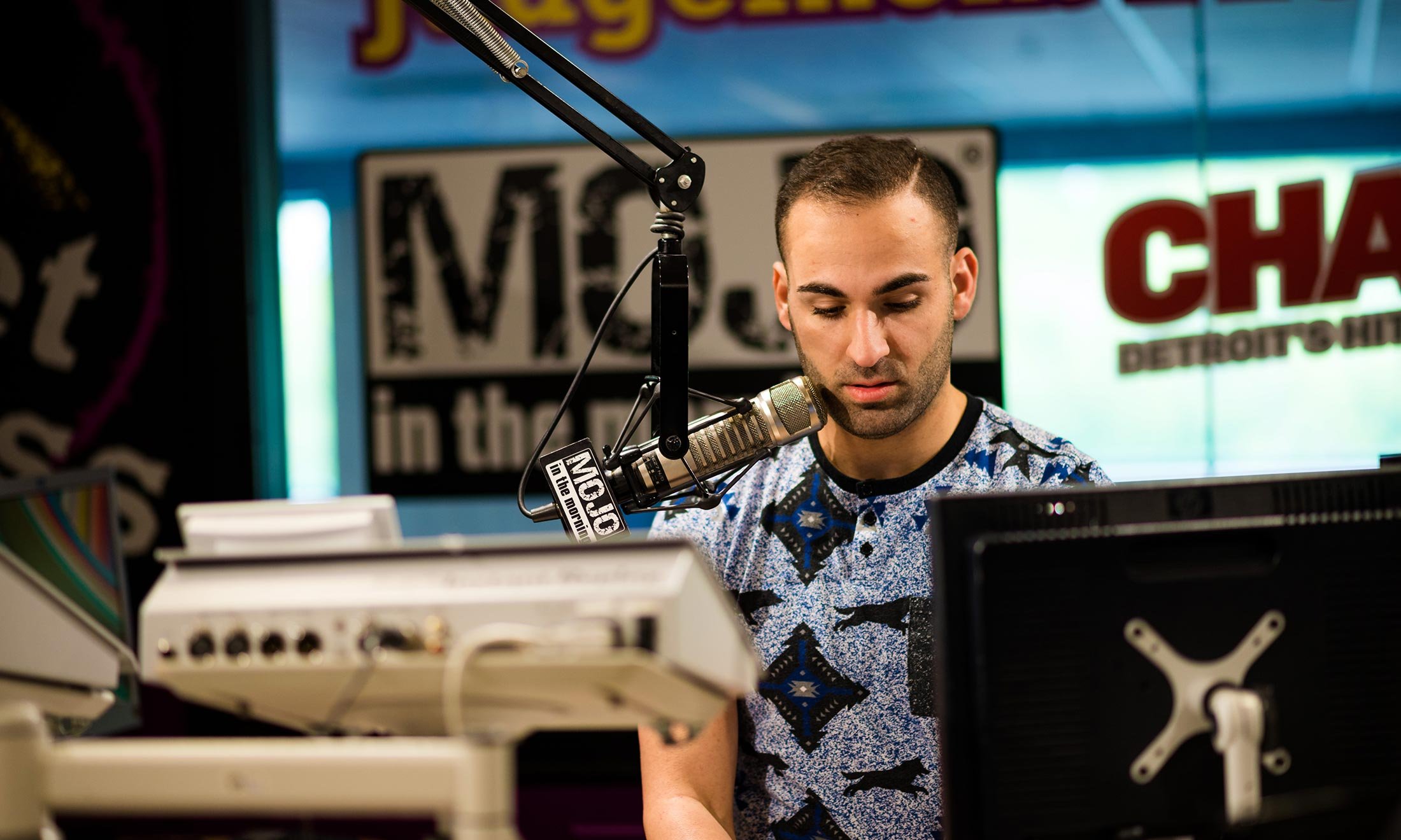 Joe Namou does a sound check in the iHeartRadio studio 