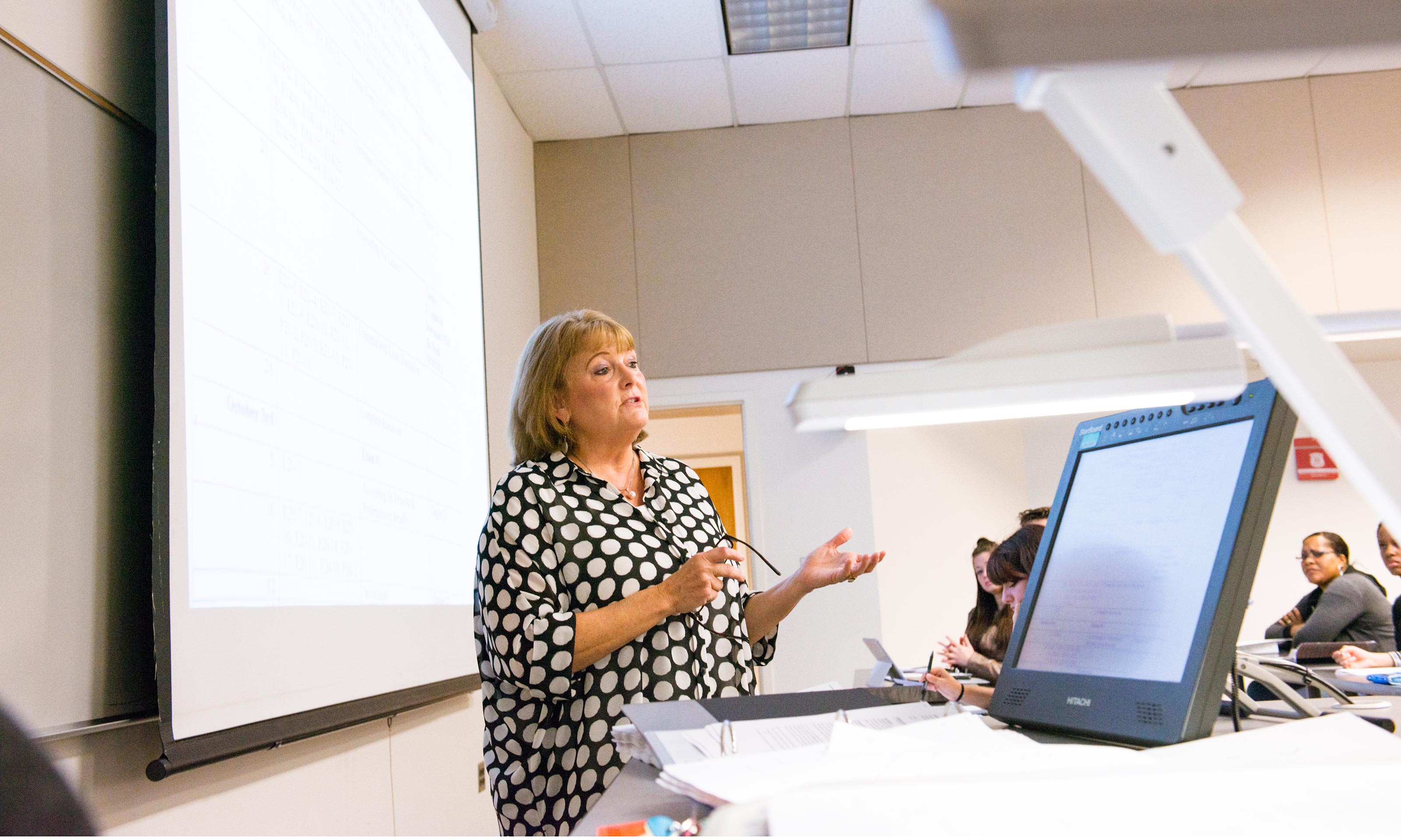 Oakland University professor Donna Free teaches a course in Elliott Hall