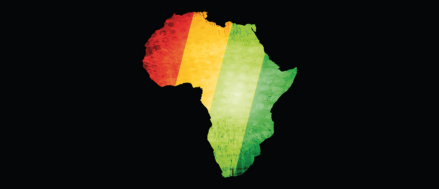 A red, yellow, and green image of the content of Africa with a black background. 