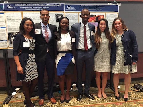 O U W B medical students Ayoda Werede, Mohammed Ahmed, Tolulope Ifabiyi, Felix Orelaru, Danielle Yee and Rachel Shercliffe at the American College of Physicians Conference in Traverse City, M I.