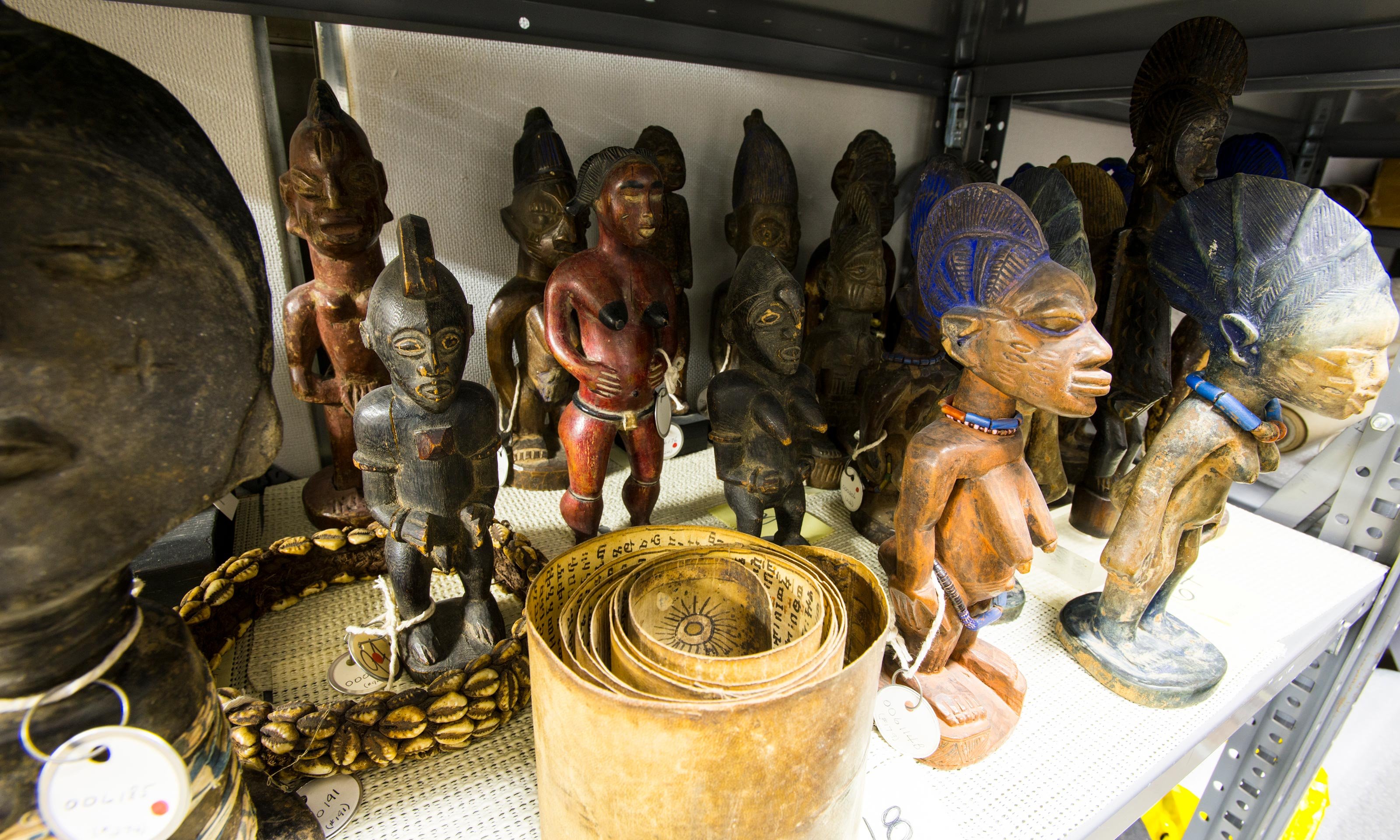 African statuettes in the back storage space of the Oakland University Art Gallery