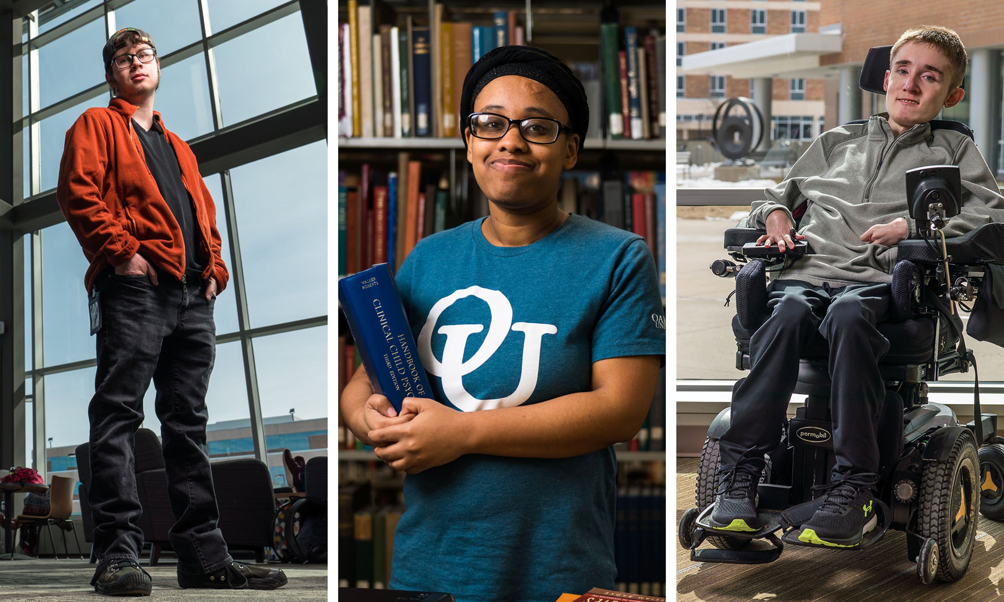 three photos, left to right: male standing, female holding books, male in wheelchair