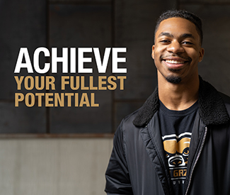 Words that read "Achieve your fullest potential" with a student to the right of it