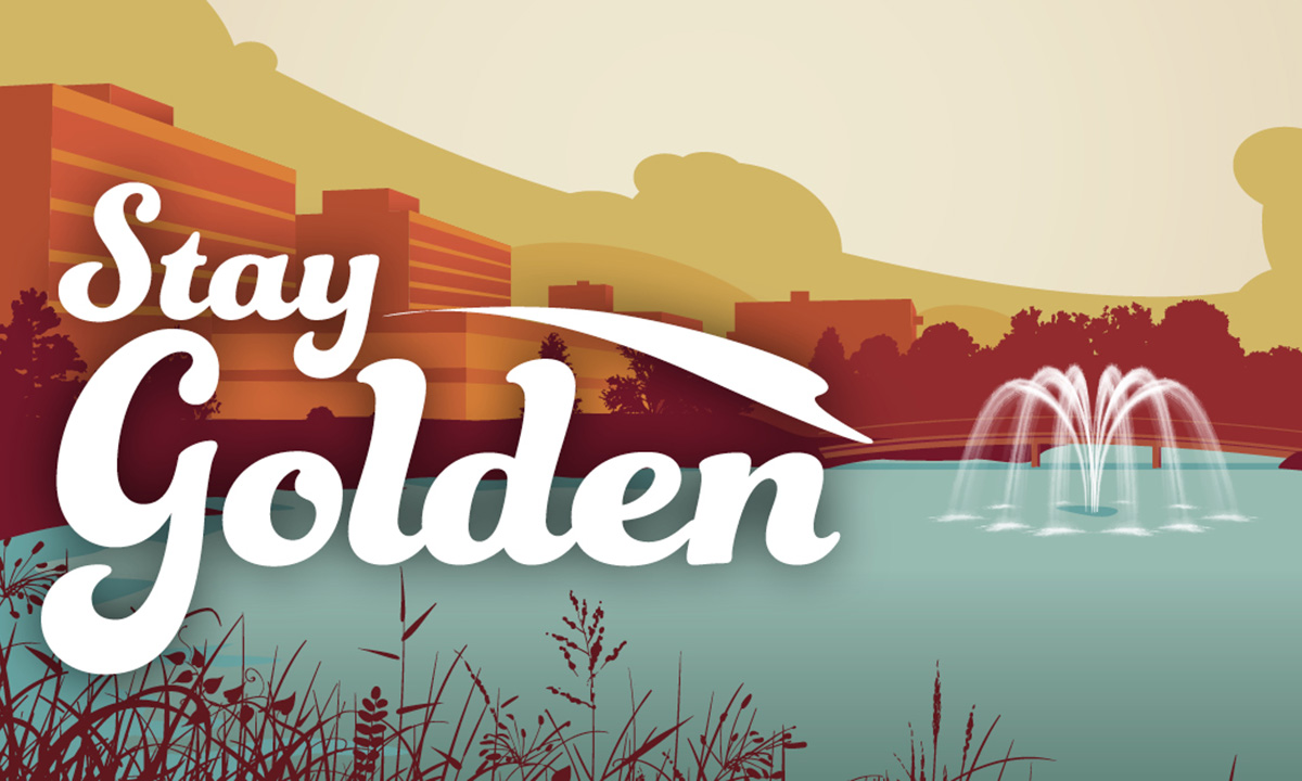 Illustration of lake, fountain and building with text "Stay Golden"