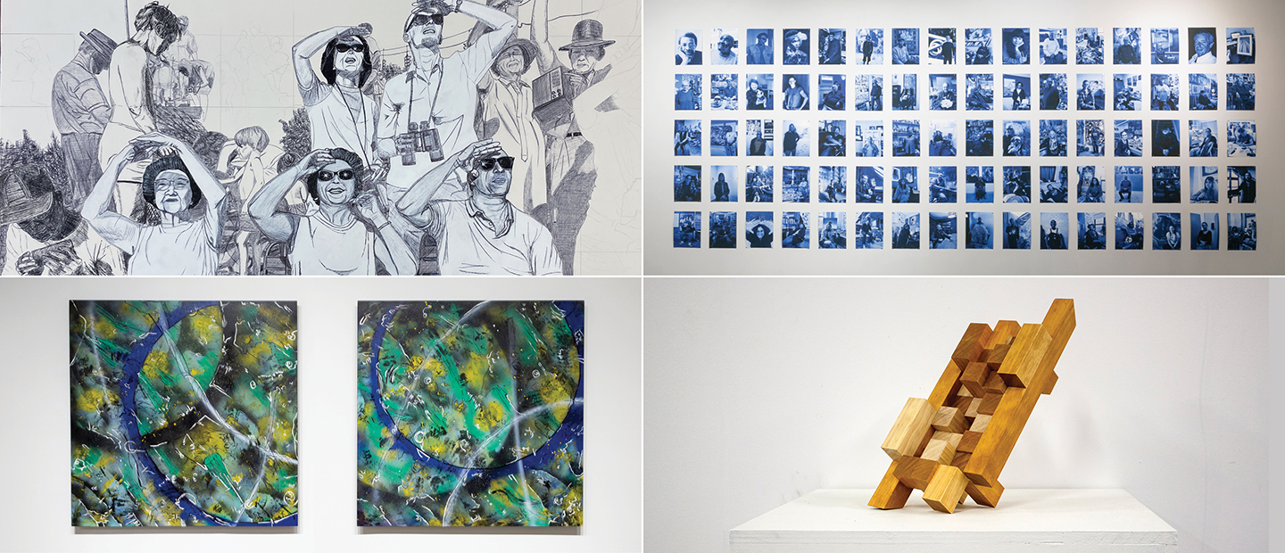 A photo collage of four art pieces in different styles and mediums