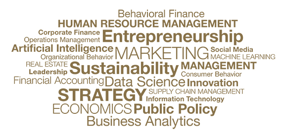 A word cloud with words related to business research. Key words include: entrepreneurship, marketing, sustainability, strategy, economics and more.
