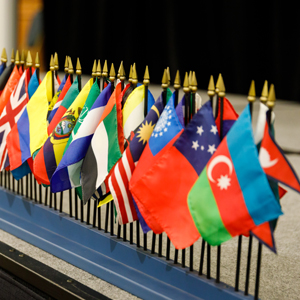 assorted international flags displayed on a table.