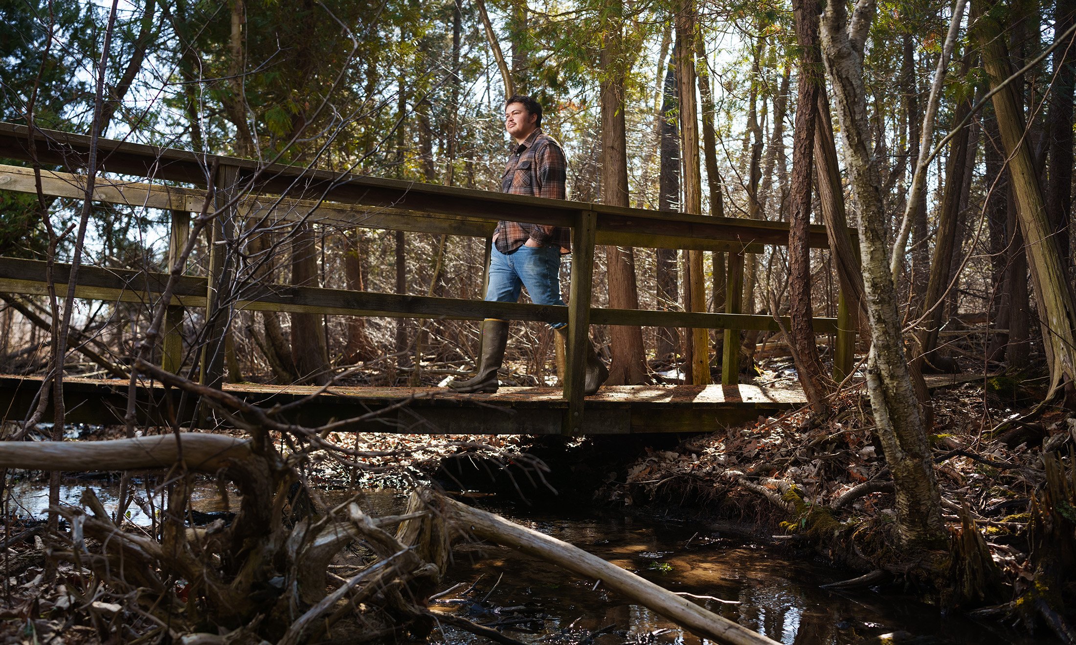 A person walking across a bridge over a river in the woods