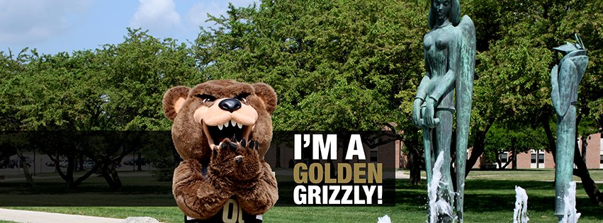 The Grizz O U's bear mascot with text reading I'm a Golden Grizzly