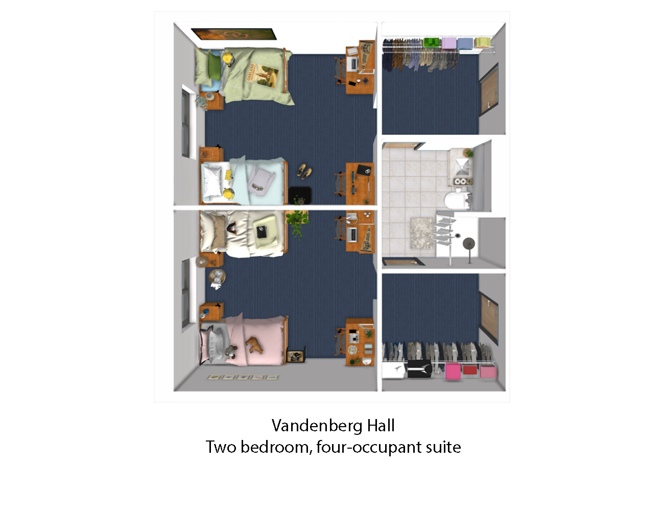 The suite layout is presented as a square. The square is split into five primary sections, with two larger sections on the left side of the square, taking up roughly half of the square, and three smaller sections on the right. The two larger sections on the left are bedrooms, each with their own separate door. The suite’s Jack and Jill-style bathroom can be accessed by both sides of the suite. O