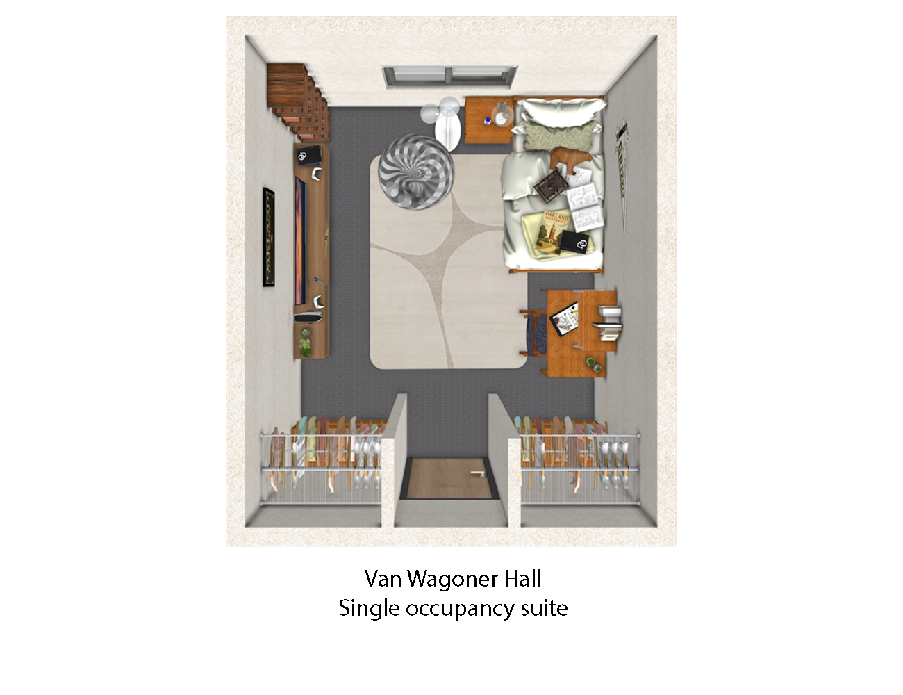 The suite layout is presented as a square. The entrance to the suite is in the middle of the bottom wall of the square. Above the door in the design, is the bedroom of the suite. On the bottom right and left corners of the suite, are two closet areas.